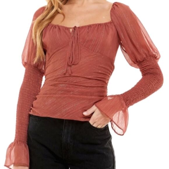WAYF cinnamon chiffon ruched long puff sleeve top coquette girl sz L - Picture 1 of 11
